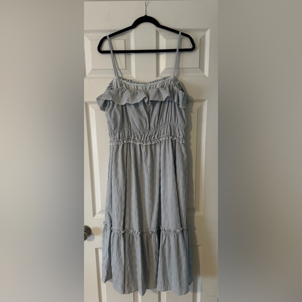 NWT T Tahari Ruffle Tiered Gingham Midi Dress Blue Gray White Lined Size XL. - Picture 4 of 7